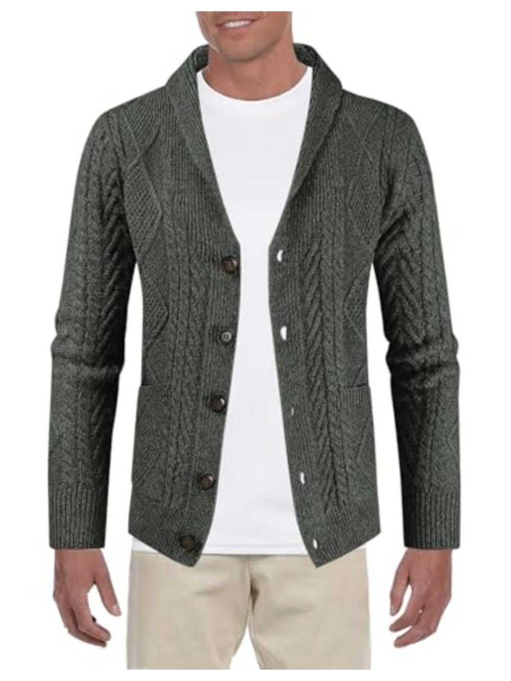 Mens Cable Knit Cardigan Shawl Collar Button Down Long Sleeve Sweater
